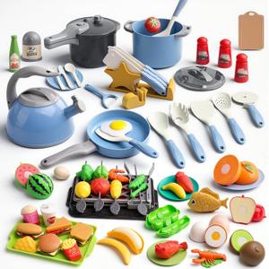 105Pcs Kids Kitchen Toy Accessories, Toddler Pretend BBQ Camping Cooking Playset, Play Pots, Pans, Utensils Cookware Toys, Play Food Set, Vegetables, Learning Gift for Girls Boys (Blue)