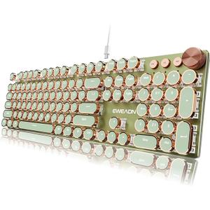 EWEADN Typewriter Style Mechanical Keyboard, Wired Typewriter Keyboards, 104 Keys Backlit LED Metal Keyboards, Media Control Knob, Wired Computer Keyboard Pink Switch for Windows/Mac/PC-Green
