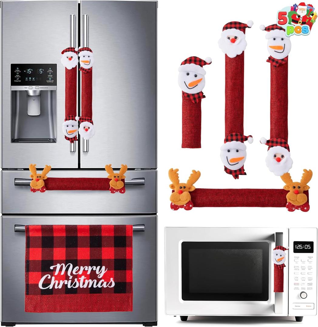 JOYIN 5 Pieces Christmas Fridge Handle Covers for Kitchen Refrigerator Microwave Oven Dishwasher Decoration Appliance, Xmas Santa Indoor Decor, Party Favor Supplies, Washable Holiday Door Dcor