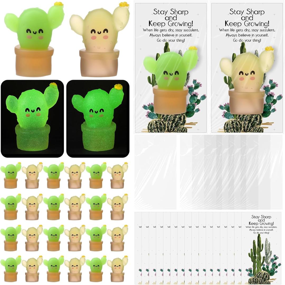 Wettarn 30 Sets Emotional Luminous Cactus Stress Ball Gifts Bulk Graduation Employee Appreciation Gift Cute Cactus Squeeze Funny Mini Stress Relief Ball Positive Cards for Teacher Coworker Nurse Staff (Green and Yellow)