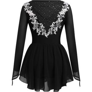 Ice Skating Dress for Women Long Sleeve Figure Skating Costume Rhythmic Gymnastics Leotard Sparkly Chiffon Skirt (X-Large, Black Lace)