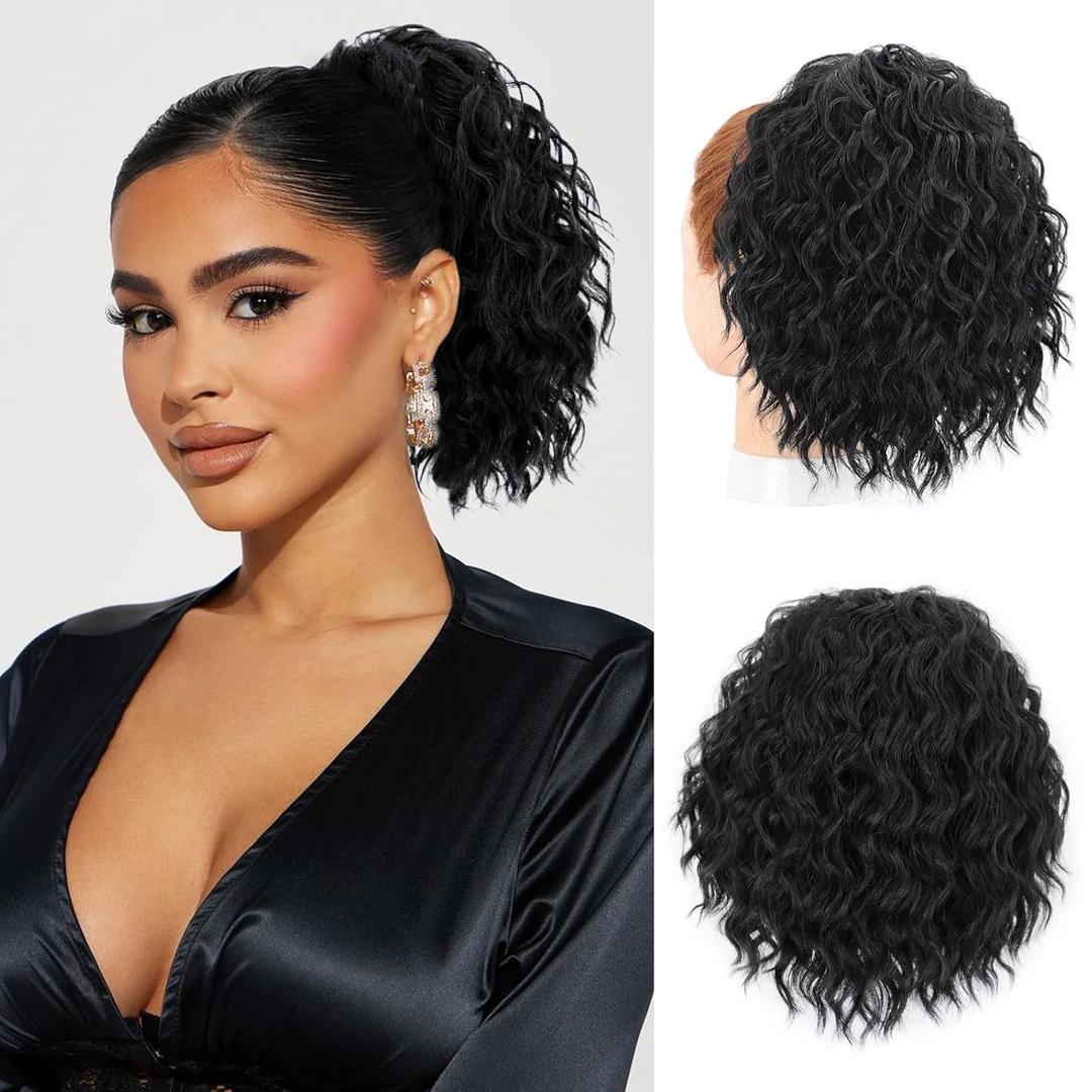 FREEMEIGE Short Ponytail Extension 8 Inch Short Wavy Curly Ponytails Drawstring Ponytail for Black Women Black Pony Tails Hair Extensions Synthetic Hairpiece for Daily Use (1B)