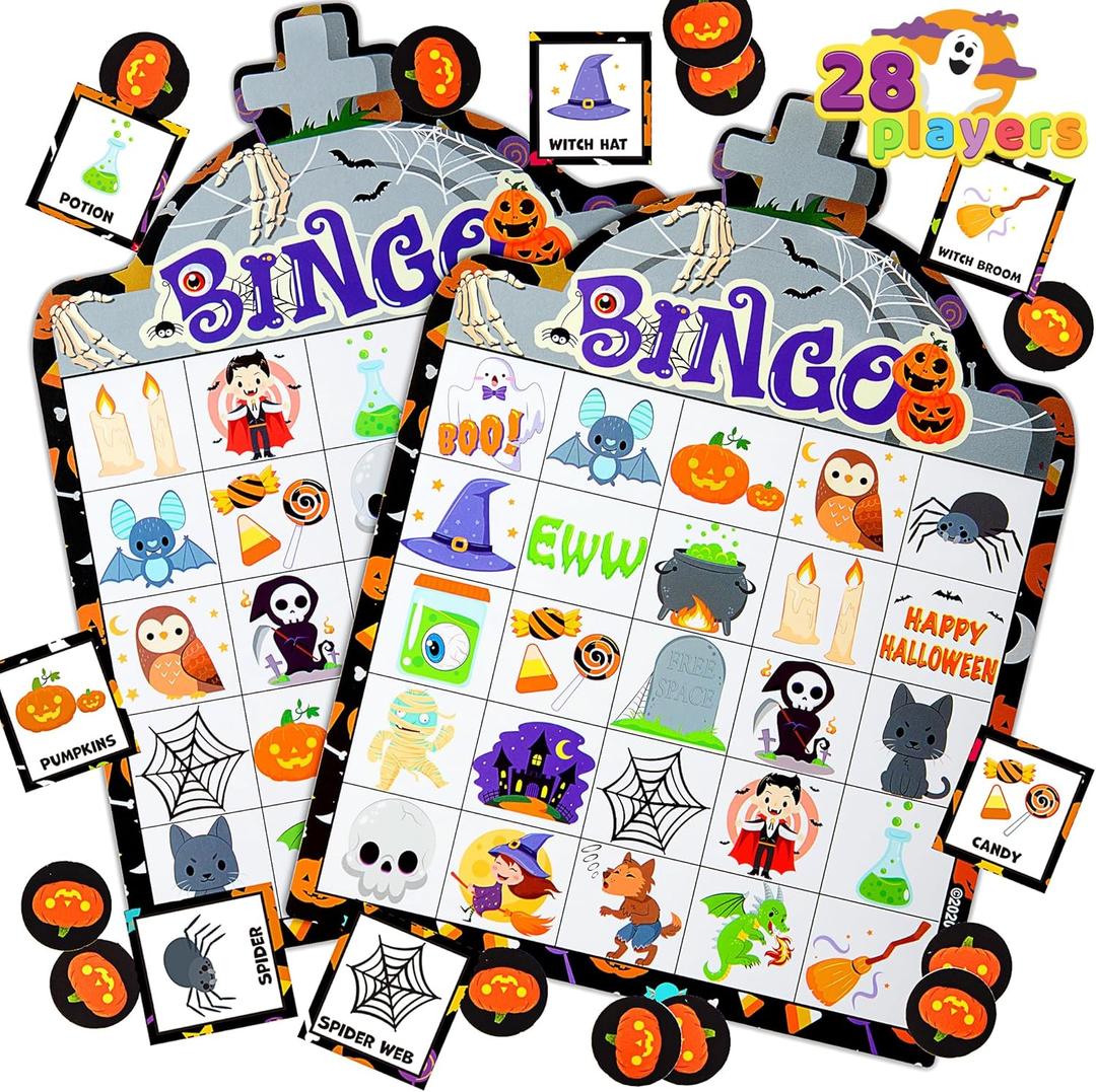 JOYIN 28 Players Halloween Bingo Game Cards for Kids, Halloween Bingo Cards for Classroom School Family Group Activities, Halloween Party Adults Kids Indoor Card Games