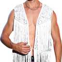 WDIRARA Men's Contrast Sequins Fringe Trim Sleeveless Open Front Party Club Jacket (3X-Large)