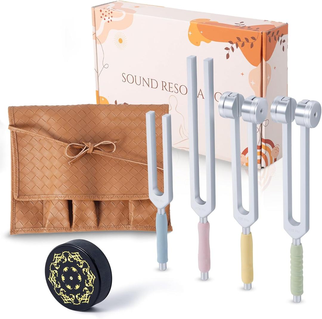 Tuning Forks for Healing Set, Including Four Frequency 128Hz, 136.1Hz, 174Hz, 528Hz Yoga and Meditation Accessories, Chakra Sound Therapy Instruments with Tuning Fork Activator and Vegan Leather Pouch (silvery)