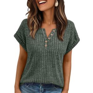 AUTOMET Women Tops Summer Sweaters Short Sleeve V Neck Henley Shirts Dressy Button Blouses