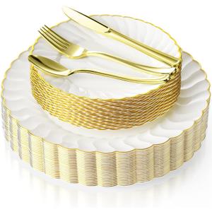 Lzerking 125 Pcs Ivory Scalloped Disposable Plates with Gold Rim, Elegent Plastic Dinnerware Set - 50 Plastic Plates, 75 Gold Silverware, Disposable Plates for Wedding Baby Shower Holiday Party