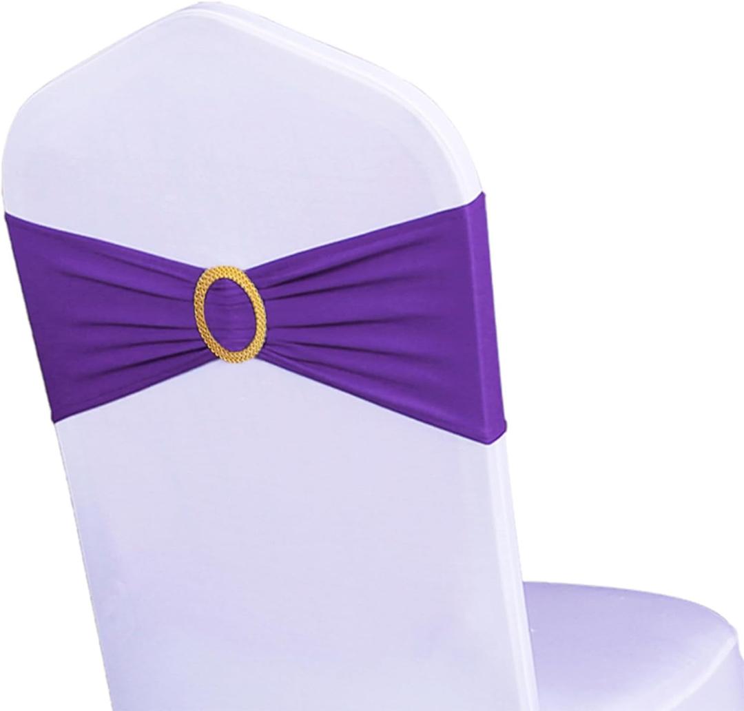 Pack of 50 Spandex Purple Chair Sashes with Gold Buckles, Stretch Chairs Sashes for Wedding Party Baby Shower Ceremony Event Decorations Chair Bands Bows (Purple Sashes, Gold Buckles)
