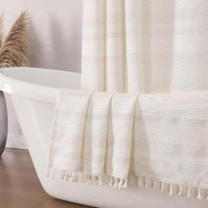 OVZME Natural Linen Shower Curtain for Bathroom, Boho Farmhouse Rustic Striped Shower Curtain with Tassel, Textured Heavy Duty Vintage Country Bathroom Curtain, 72Wx72L Inches