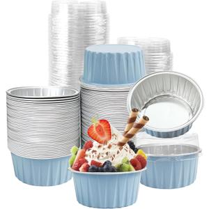 100Pcs Aluminum Cups with Lids,5oz Disposable Ramekin Baking Cups Muffin Liners Mini Pie Pans Foil Cupcake Containers for Christmas Party Wedding Party,Sky Blue