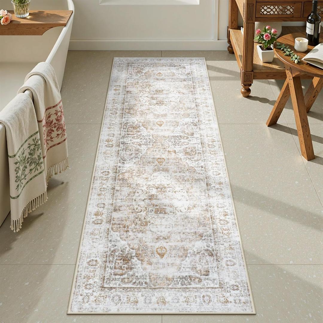Uphome Bathroom Rugs Runner, Distressed Farmhouse Boho Light Khaki Bath Mat, Non Slip Washable Long Bath Rugs, Vintage Traditonal Soft Velvet Bathroom Runner for Bathtub Sink Shower, 20x60 inch