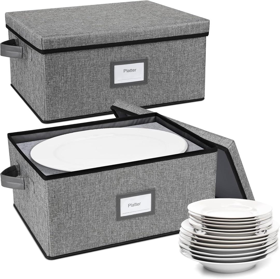 Platter Storage Case（2-Pack）,Stackable Plate Storage Containers, 17“ x 13” x 8.2” China Storage Containers Hard Shell with 6 Felt Dividers, Linen Grey