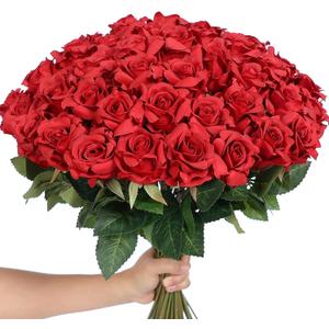 YXZZWL 60 Pcs Artificial Roses in Bulk, Fake Silk Roses Realistic Roses Stem Faux Roses Bouquet for Wedding Centerpieces Flower Arrangement Home Decor (Red)