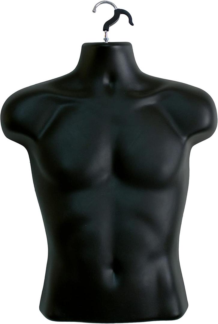 Male Mannequin Torso Hollow Back Body Stackable Dress Form with Hanging Hooks for Tshirt Display, Countertop, Craft Shows, Photos and Design, S-M Clothing Size (Black, Set of 1)