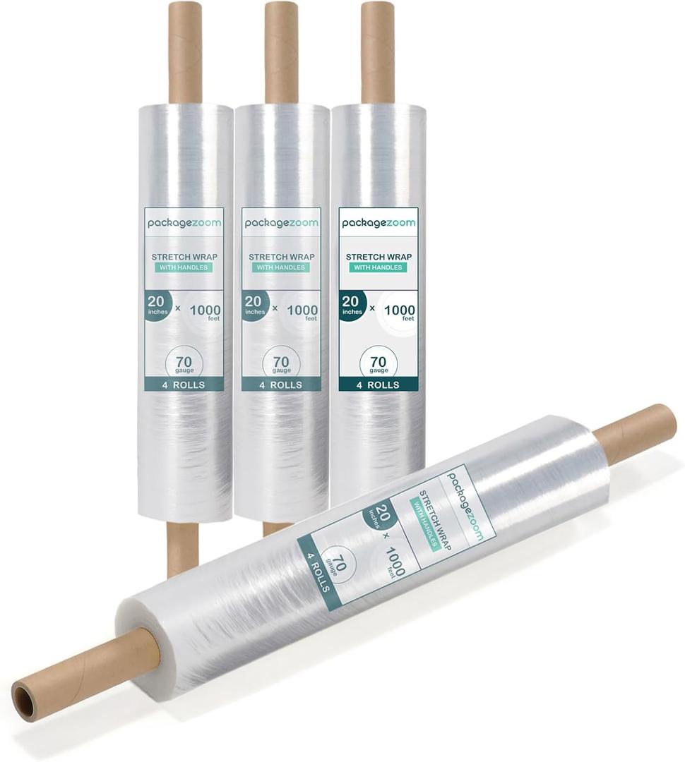 PackageZoom 20 inch x 1000 Feet Stretch Wrap with Handle, Clear Stretch Film, 4 Rolls