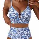 Herseas Women's O Ring Bikini Sets 2 Pieces Floral Print Swimsuits High Waisted Bathing Suits (Large)