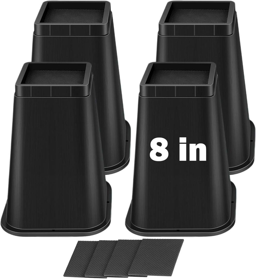 8 Inch Heavy Duty Bed Risers 4-Pack, 6000 Lbs Support Non-Slip Furniture Risers for Bed, Sofa, Couch, Chair, Table, Dorm, Under Bed Storage Lifter, Black