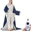 Westinghouse Electric Snuggle Throw Blankets with Foot Pocket, Wearable Heated Blanket with Sleeves, 6 Heating Levels & 2 to 10 Hours Heating Time Settings, 50 * 70"+18", Navy (Navy Blue & ivory)