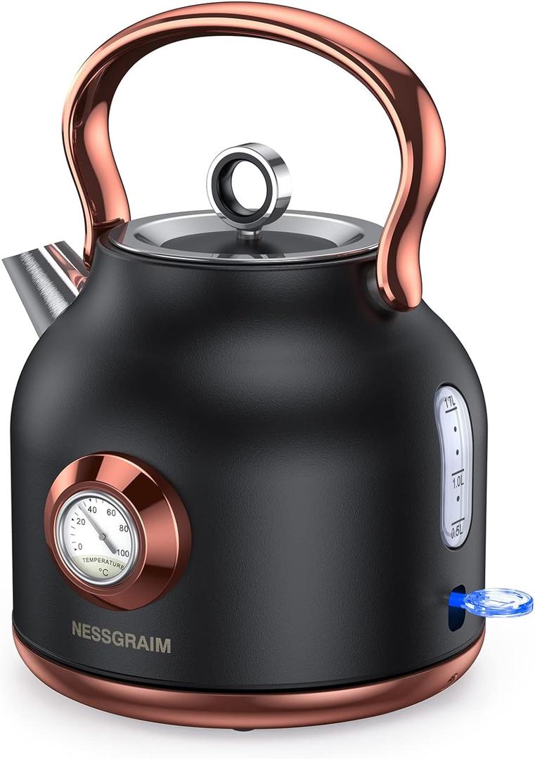 Retro Electric Kettle, 1.7L Stainless Steel Tea Kettle with Large Temperature Gauge, 1500W Fast Heating Hot Water Boiler with LED Indicator, Auto Shut-off & Boil-Dry Protection-Reteo Black (Retro Black)