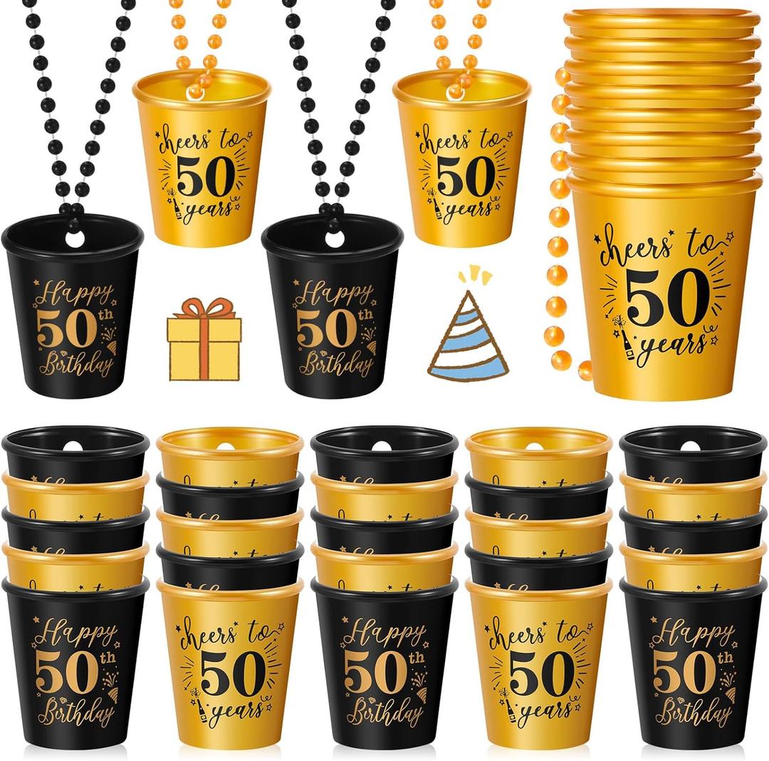 Sureio 24 Pcs 50th Birthday Party Favors Shot Glass Necklaces Cups Bulk for Women Men Guests, Plastic Gold and Black Shot Necklace Cups for Birthday Anniversary Supplies