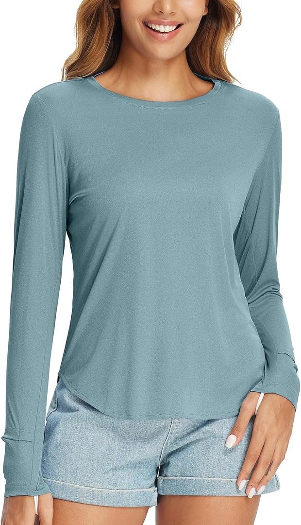 BALEAF Women's Sun Shirts UPF 50+ Long Sleeve Hiking Tops Lightweight Quick Dry UV Protection Outdoor Clothing (Large, Heather Light Blue)