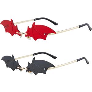 2-Pack Bats Sunglasses Rimless Sunglasses for Women Men Party Carnival Prom Halloween Glasses Eyewear (Bat, Red + Black)