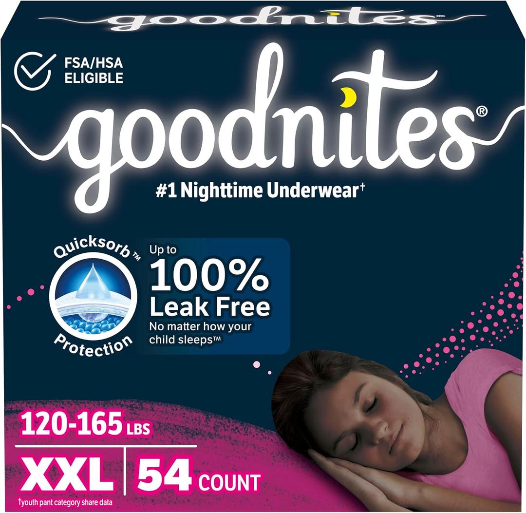 Goodnites Girls' Nighttime Underwear, Size XXL (120-165 lbs), 54 Ct, Packaging May Vary
