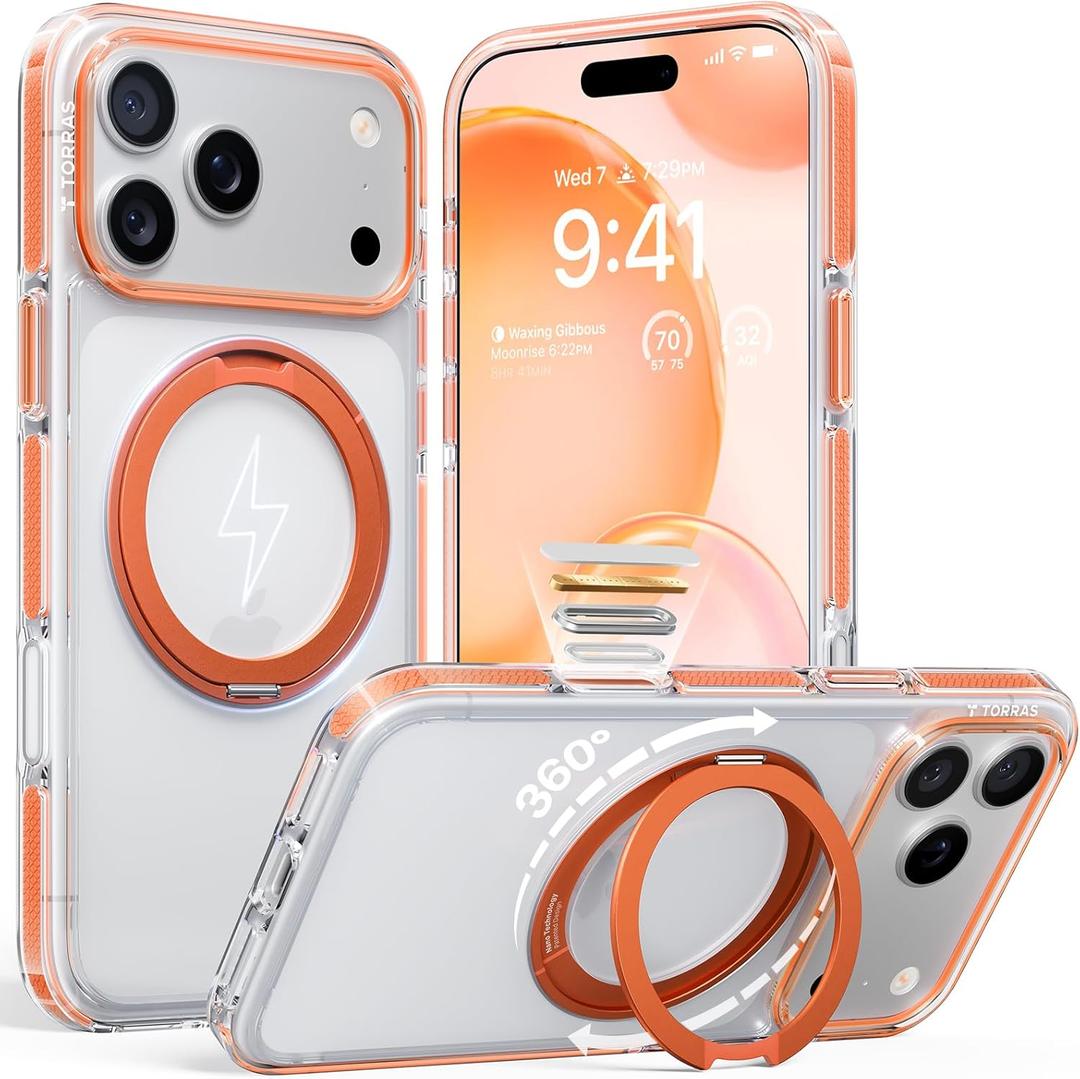 TORRAS 360 Magnetic Stand for iPhone 17 Pro Case, [Rotatable Sturdy Kickstand][Fit for MagSafe][4X Mil-Grade Shockproof] Slim Transparent Phone Cover, Camera Button, Clear Orange, Ostand O3 Fitness