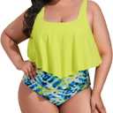 Mooncore Womens Plus Size Swimsuit High Waisted Tankini Bathing Suits Two Piece Flounce Bikini Swimsuit (Yellow), XL