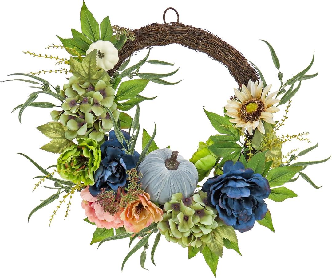 National Tree Company 22-Inch Harvest Wreath with Flowers, Pumpkins, and Greenery - Fall Door Decoration for Autumn and Thanksgiving