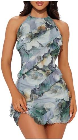 Milumia Women's Floral Ruffle Trim Bodycon Mini Dress Tie Backless Halter Short Dresses Size XL
