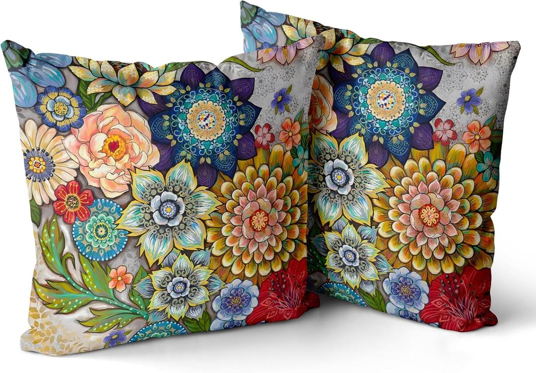 Snycler Boho Floral Throw Pillow Covers Set of 2 Colorful Boho Flower Decorative Cushions Pillowcase for Bedroom Sofa Home Decor, 24x24 Inch, Velvet, Short Plush