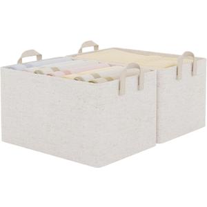 StorageWorks Storage Bins, Shelves Baskets for Organizing, Large Fabric Closet Organizers with Handles, Metal Frame, Beige-Cotton-linen, 2-Pack
