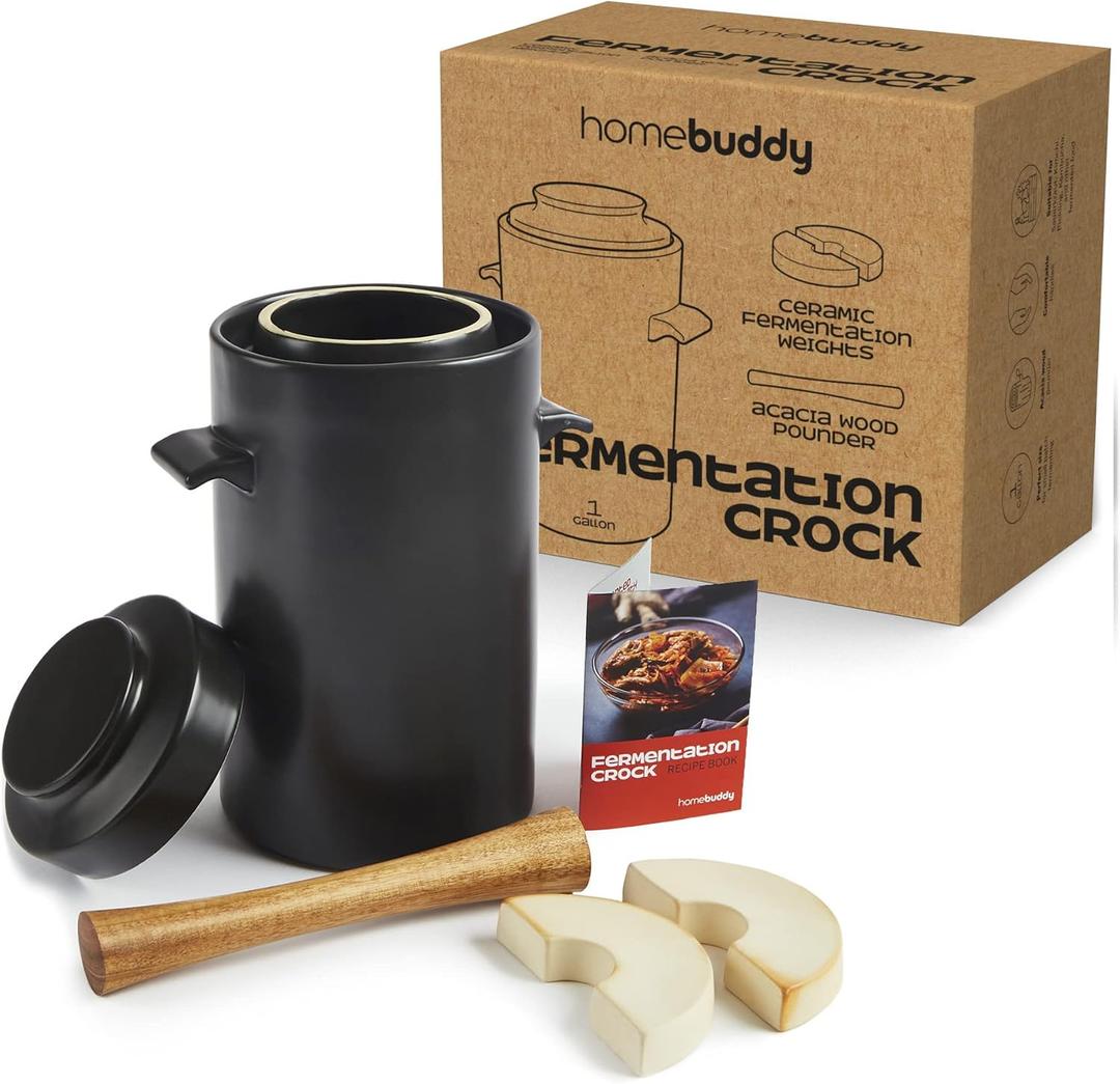 HomeBuddy Fermentation Crock (1 Gallon) with Weights, Acacia Wood Pounder and Recipie Book - Sauerkraut Fermentation Kit, Onggi Kimchi Jar, Fermenting Crock for Pickling or Sourdough (Black)