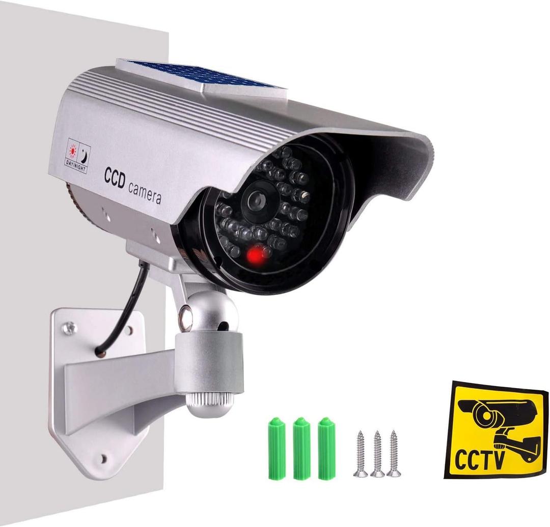 Dummy Fake Security Camera, Solar Powered Fake Surveillance Camera with Flash LED Dummy Bullet Simulated CCTV Camera,Indoor Outdoor Use Good for Home/Office/Shop/Garage - Silver Color, 4 Pack
