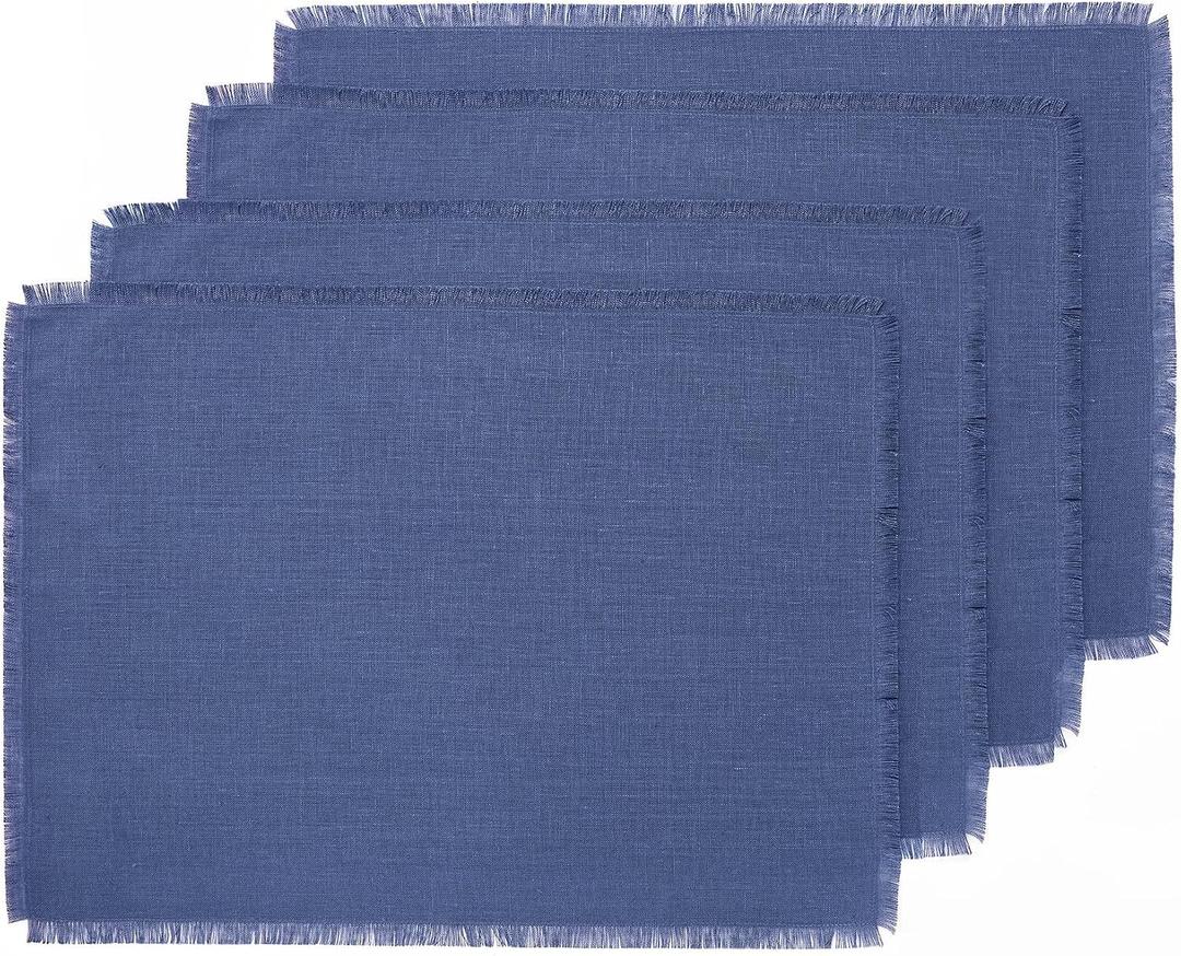 Solino Home Fringe Linen Placemats Set of 4 - Vintage Blue Placemats 14 x 19 Inch - 100% Pure Linen Table Mats for Spring, Summer, Mothers Day