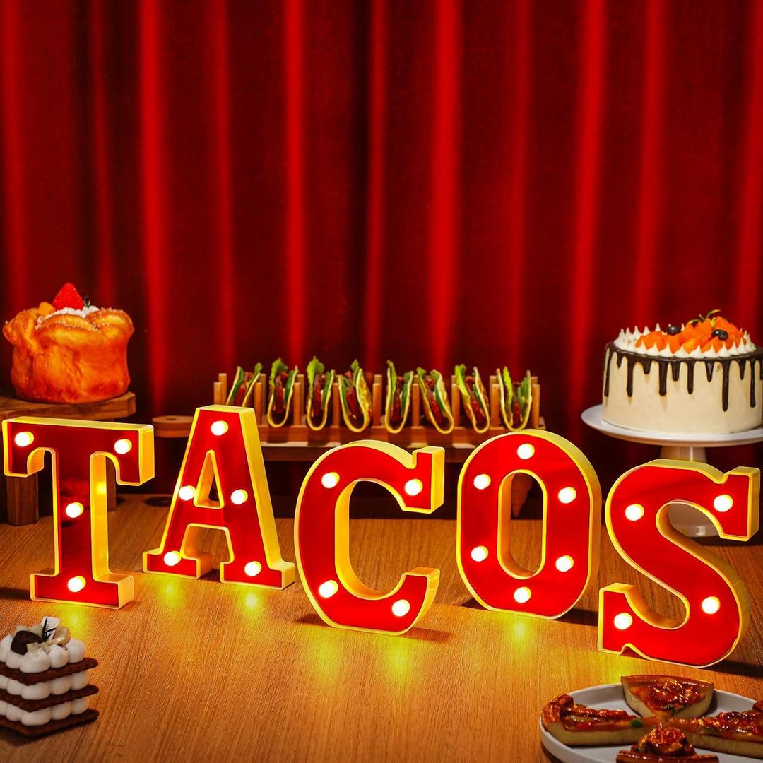 Aurelema Tacos Decorations 6.3" Light up Letters Mexican Cinco De Mayo Party Decorations Taco Bar Battery Powered Marquee LED Letter Sign for Mexican Tacos Theme Wedding Birthday Fiesta Party Supplies