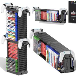 Video Game Disc Rack Tower Storage Holder Stand Universal for PS5/PS4/XBOX One/Series/NS Game, Game Organizer Shelf Display Stand for Wall Mount/Desk/Floor with Controller Holder Sega Genesis Consoles