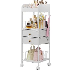 Floor Makeup Organizer with Lockable Wheels & 8 Dividers, 2-Drawer Rolling Skincare Cart for Cosmetics/Perfume/Nail Polish, Mobile Vanity Storage - White (Bathroom/Bedroom Use)