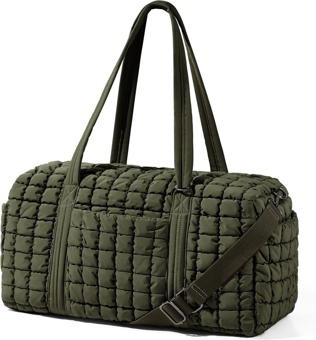 Quilted Travel Duffle Bag for Women Weekender Bag Large Puffer Overnight Bags Soft Puffy Duffel Bag Carry on Gym Bag Lightweight Personal Item Travel Bag for Trips Business Sport Airplane(Olive Green)