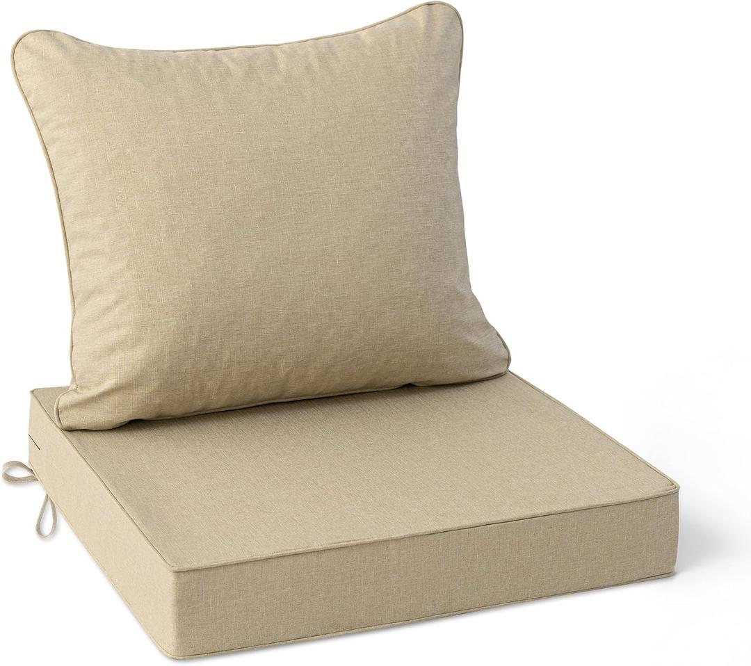 Summsun Outdoor Chair Cushions 22 x 22 Inch, Faux Linen Patio Furniture Cushions, Water Resistant Backrest and Deep Seat Cushion Set with Straps, Removable Cover, Non-Slip Bottom, Nature, 1P/22*22 + 22*20 Inch