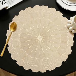 Quantum Love Set of 6 Round Vinyl Placemats Pressed Metallic 15 Inch Gold Sunflower PVC Place Mats Dinning Kitchen Waterproof Washable Table Mats for Fesitval Wedding Party Decoration