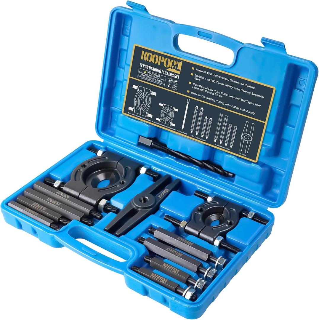 KOOPOOL 12-Piece Bearing Puller, Wheel Hub Puller Set, Wheel Bearing Removal Tool, Blind Bearing Puller, 5 Ton Capacity Bearing Separator with 2 and 3 Bearing Separator Jaws