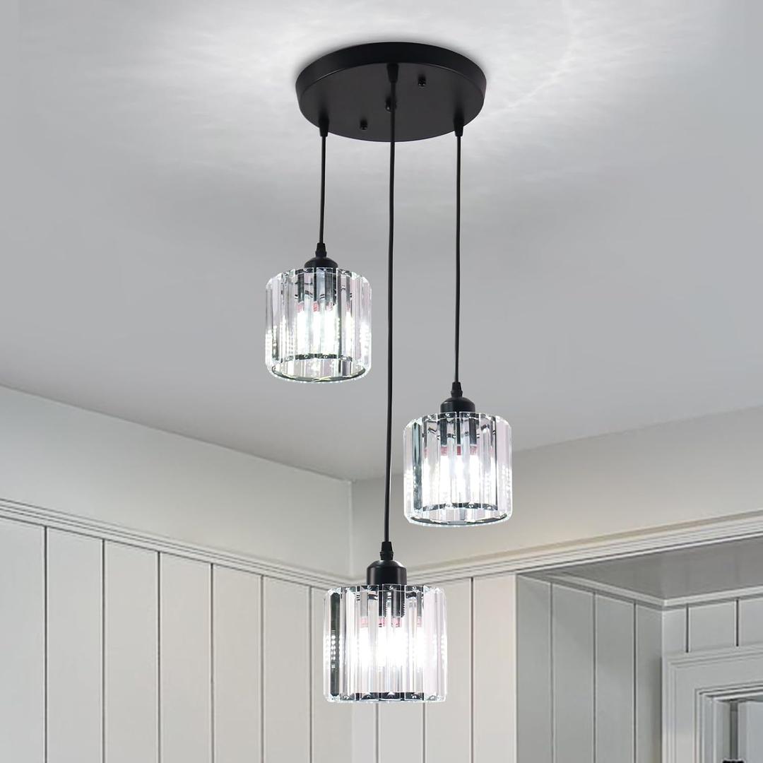 Modern Crystal Chandelier Round Ceiling Pendant Lights, Height Adjustable Crystal Hanging Light Fixtures for Kitchen Island, Chandeliers for Dining Room,Foyer,Living Room Entryway Black (3 Lights)