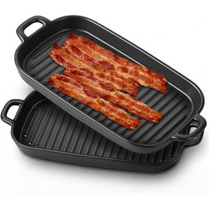 2 Pcs Microwave Bacon Tray Ceramic Microwave Bacon Cooker for Oven Upgraded Square Baking Tray with Handle for Home Kitchen Breakfast Dishwasher 11.6" x 6"(Black)