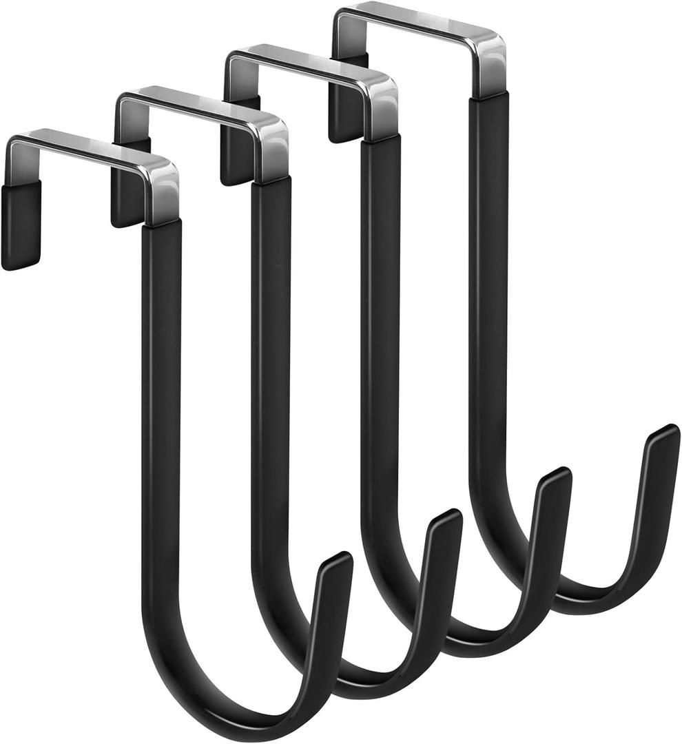 FYY Over the Door Hooks, 4 Pack Door Hangers Hooks with Rubber Prevent Scratches Heavy Duty Organizer Hooks for Living Room, Bathroom, Bedroom, Kitchen Hanging Clothes, Towels, Hats, Coats, Bags  Short, 4 Pack, A Black