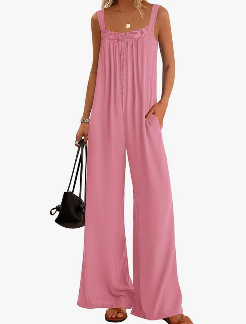 KIRUNDO Summer One Piece Jumpsuits For Women 2025 Casual Loose Button Sleeveless Romper Knit Wide Leg Overalls With Pockets XL