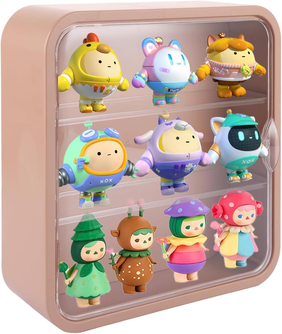 Miniature Display Case for Collectibles Figures, Clear Display Box with Shelves, Wall Mounted or Desktop Plastic Organizer Acrylic Display Storage Case for Rock Stone Mini Figure, 12 Inch (Lotus Root Pink)