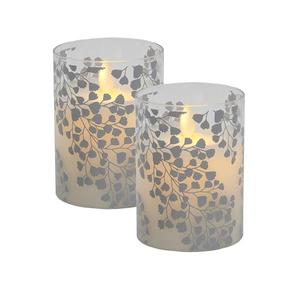 LumaBase Battery Operated LED Glass Candles with Flickering Flame, Silver Fern - Set of 2