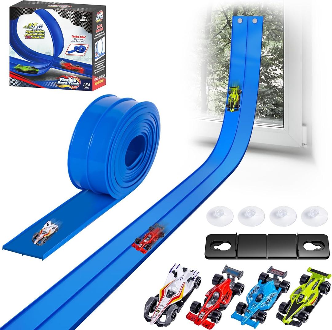15 Ft Flexible Race Car Track for Kids, Double-Sided Racetrack for 1:64 Diecast Cars Toys, Rolls Up Portable Race Tracks with 4 Car & Suction Cups, Birthday Gifts for Boys Girls Ages 3-5 5-7, Blue